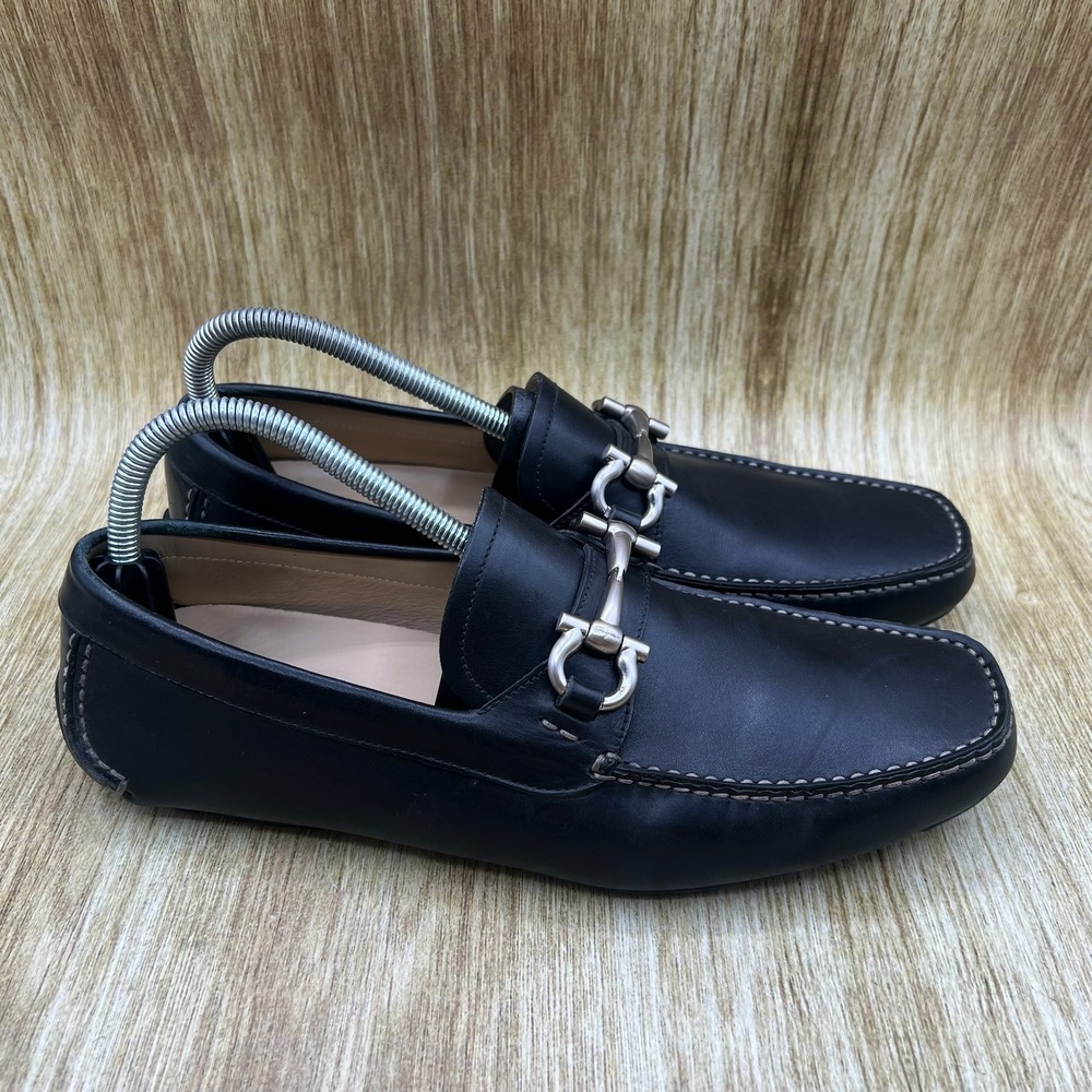 Salvatore Ferragamo Parigi Drivers Loafers Mens Size 8 Black Leather Gancini Bit
